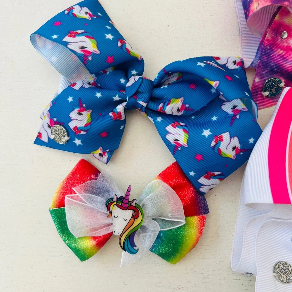 JoJo Siwa Hair Bow Bundle with Galaxy Rainbow Unicorn Designs & Nail Wraps